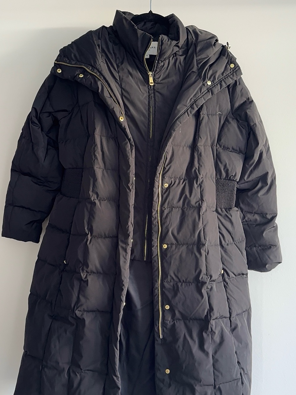 Cole Haan Black Long Quilted Puffer Coat with Hood